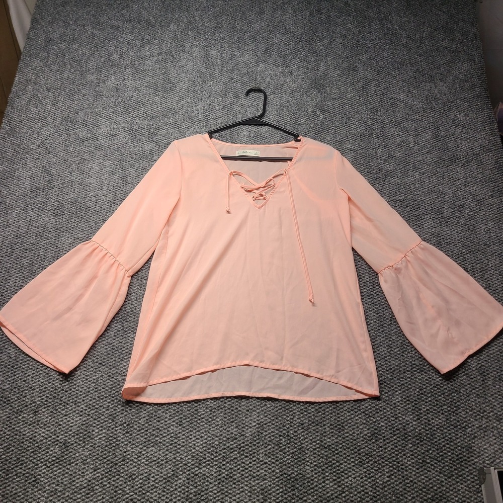 Abercrombie & Fitch Blouse Top Womens Small Pink Bell Sleeve Tie V Neck Pullover